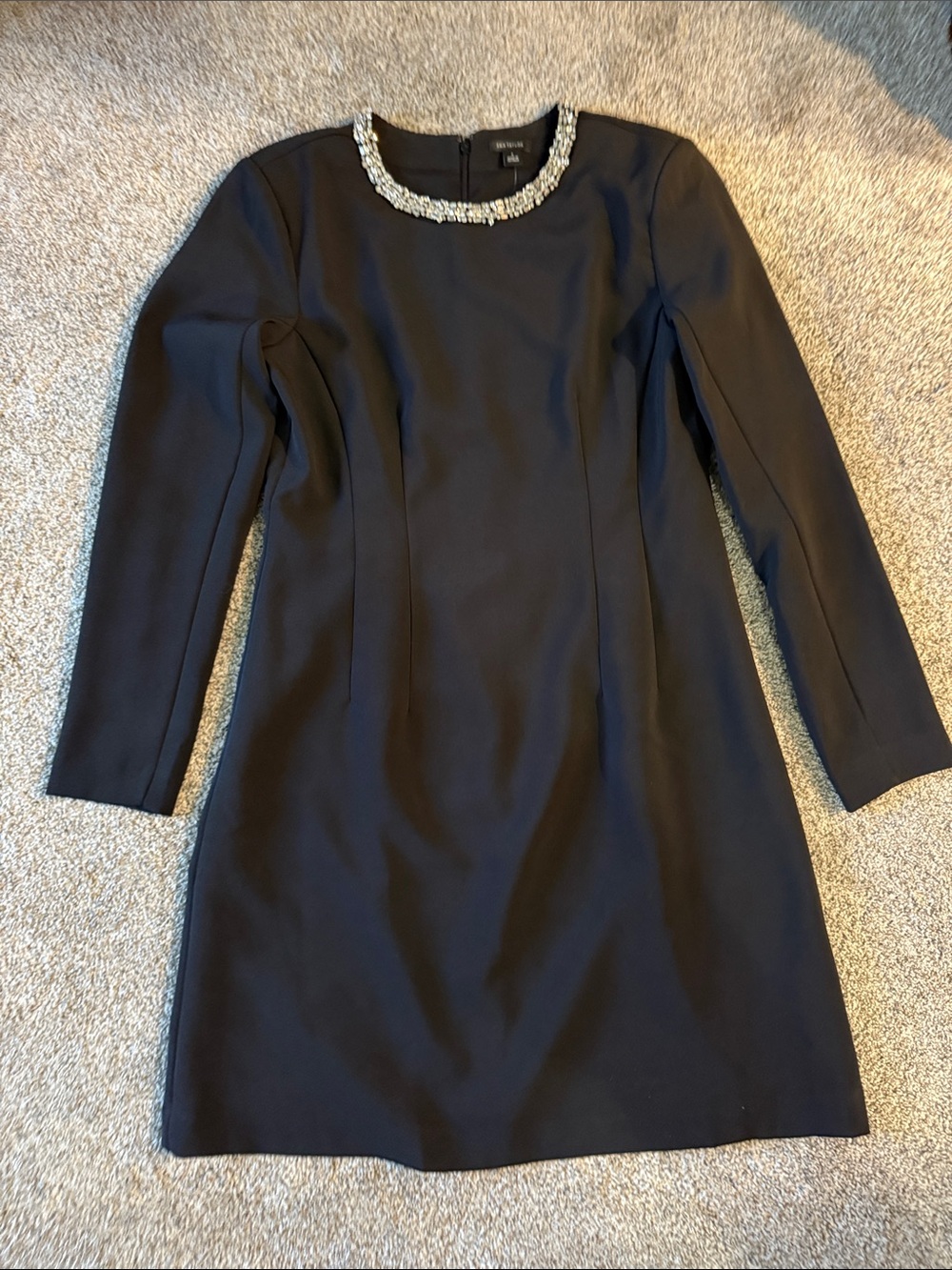 Ann Taylor Black Long-Sleeve Sheath Dress with Beaded Neckline
